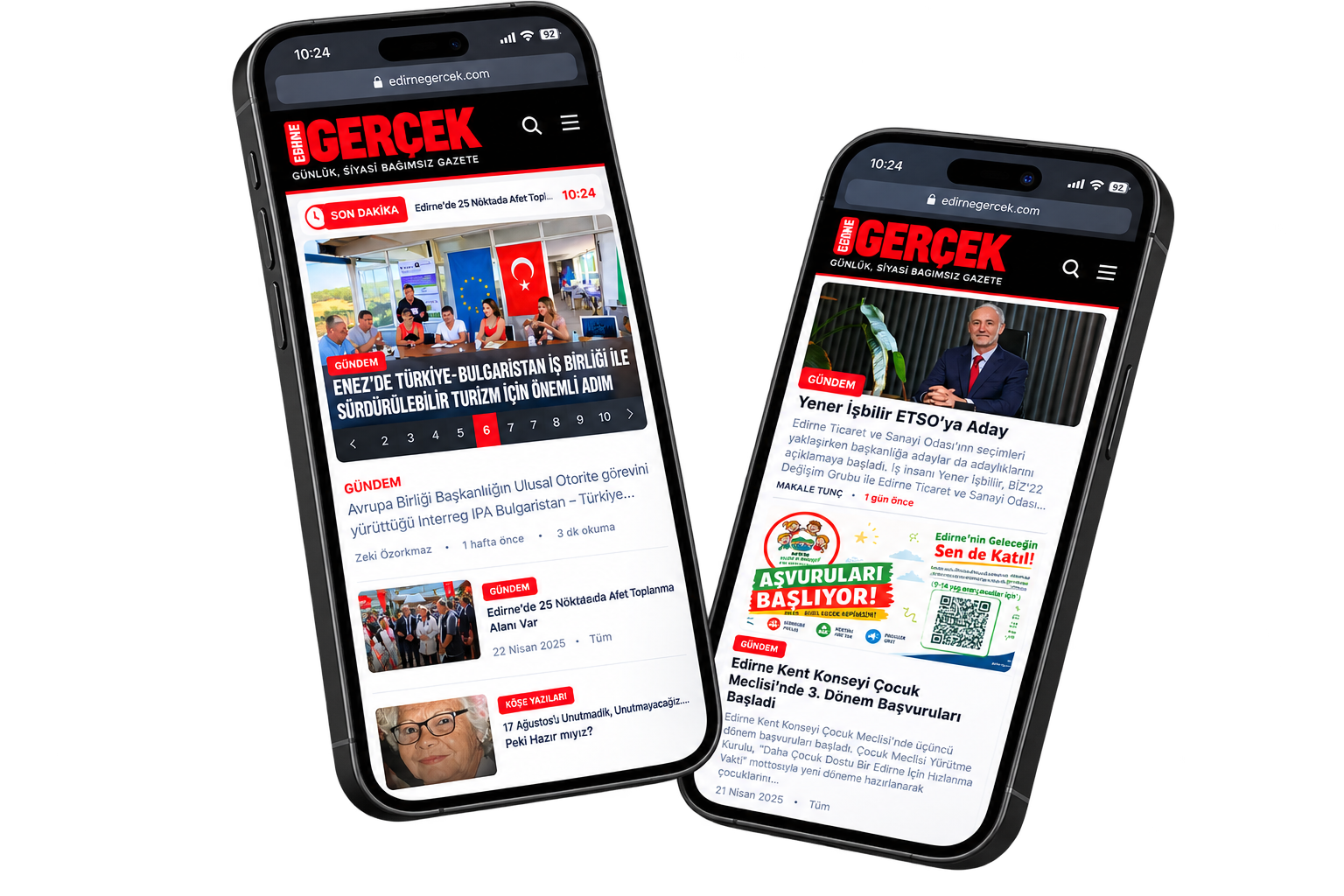 Edirne Gerçek mobil uygulaması iki telefon ekranında gösteriliyor